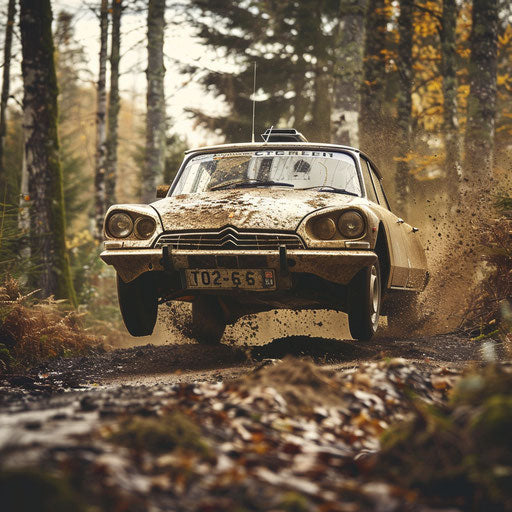 Rally-modified Citroen DS 20 jumps over a hill in a forest rally