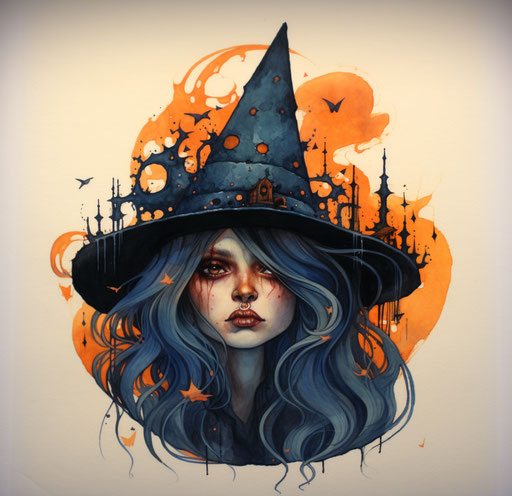 Witch hat tattoos designs, dark orange light blue