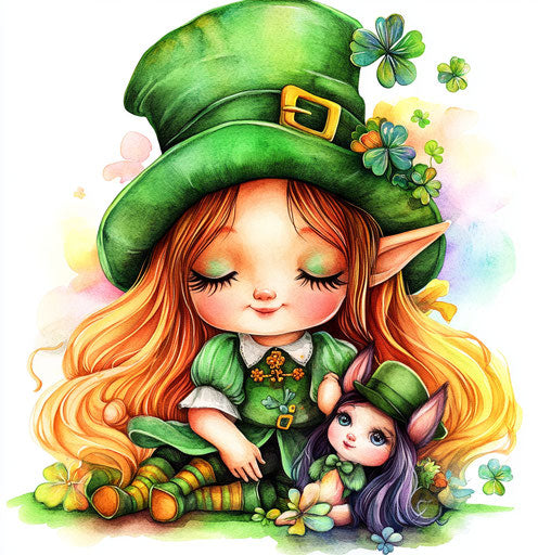 St. Patrick's Day baby girl with a leprechaun and a cute doll