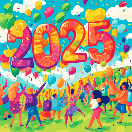 Joyful celebration around colorful numbers '2025'