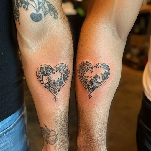 Father son tattoos with shared heart inspired by Merian