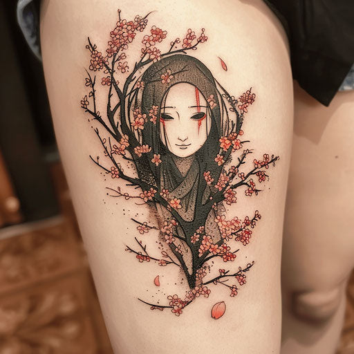 Elegant flat tattoo sketch of No-Face surrounded by ethereal cherry blossoms