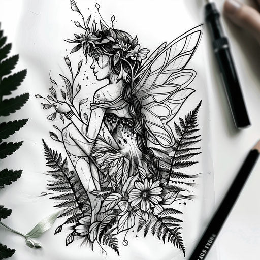 Forest fairy tattoo surrounded by ferns and flowers