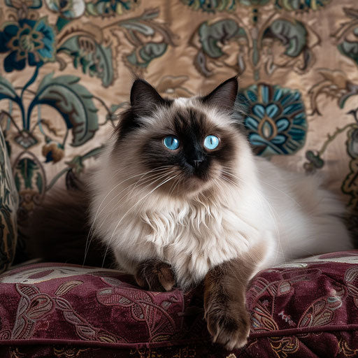 Himalayan cat with blue eyes on a velvet cushion