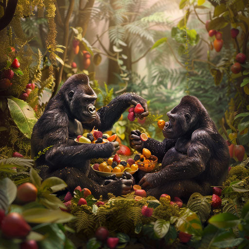Gorillas enjoying a fruit feast in the jungle