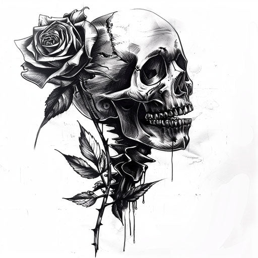 Gangster skull with rose in teeth on white background