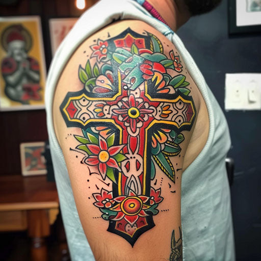 Vibrant traditional cross tattoo for men with cultural icons