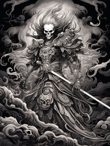 Black and white warrior with sword, intricate linework style