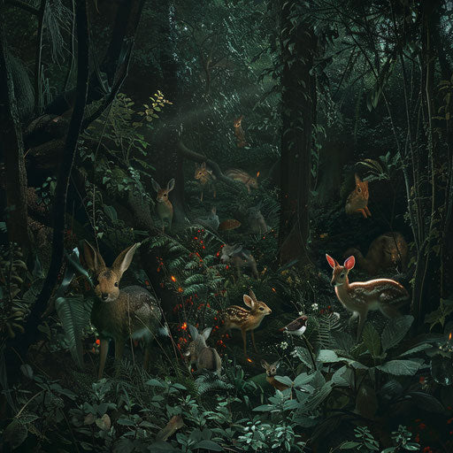Nocturnal animals emerging in twilight in a dense forest