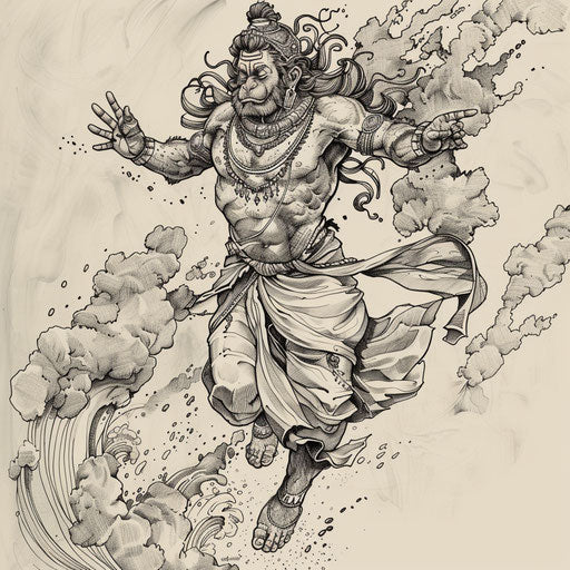 Dynamic flat tattoo sketch of Hanuman leaping over the ocean