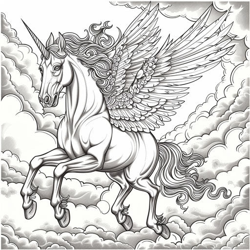 Whimsical horse flying in the sky