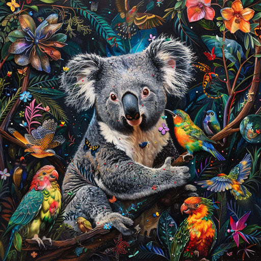 Koala in a whimsical pose, surrounded by colorful Australian birds and insects
