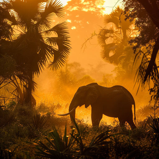 Elephant trumpeting at dawn in the jungle