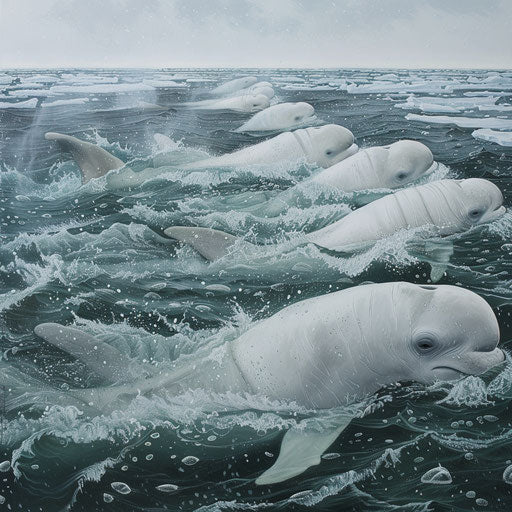 Beluga whale pod navigating in icy waters