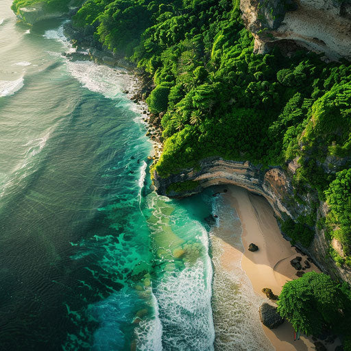 Uluwatu Beach, Indonesia, aerial view, lush greenery