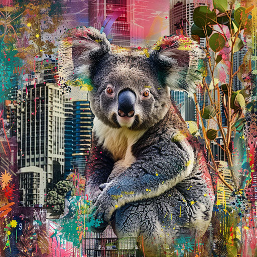 Koala with vibrant urban background, juxtaposition of nature and city life
