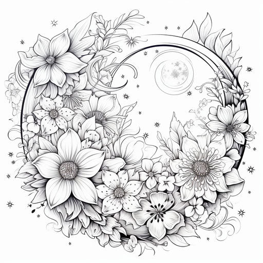 Moon and flowers in exotic realism style