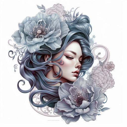 Woman tattoo with flower headpiece, vintage wavy style