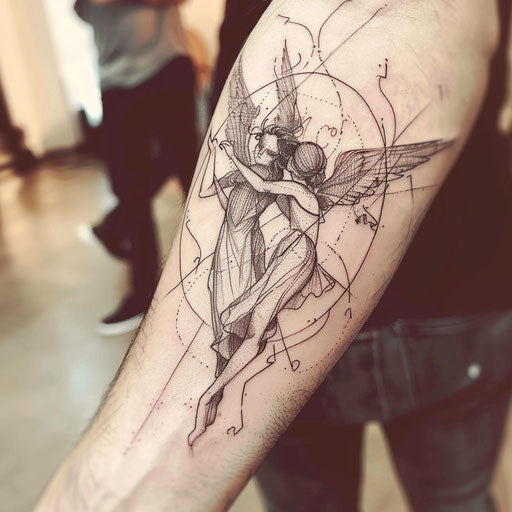 Stylish tattoo sketch in flat style, angel and devil dance