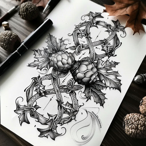 Celtic knot style tattoo design with oak leaves and acorns on white