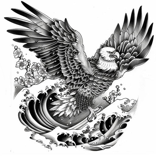 Japanese style eagle tattoo with waves and cherry blossoms