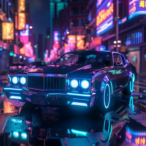 Retro-futuristic 1976 Malibu Classic with electric blue neon underglow parked in a neon-lit city