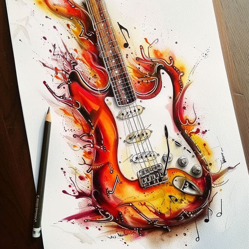 Electric guitar with musical notes and flames tattoo design