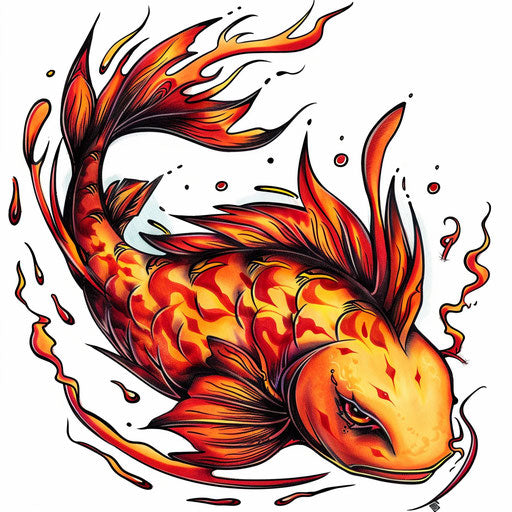 Fiery fish tattoo design with dynamic flames and warm colors