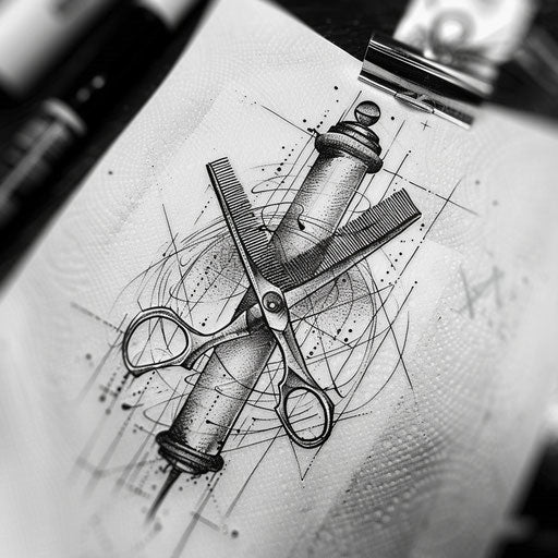 Bold flat tattoo sketch of a comb and scissors crossed over a barber pole