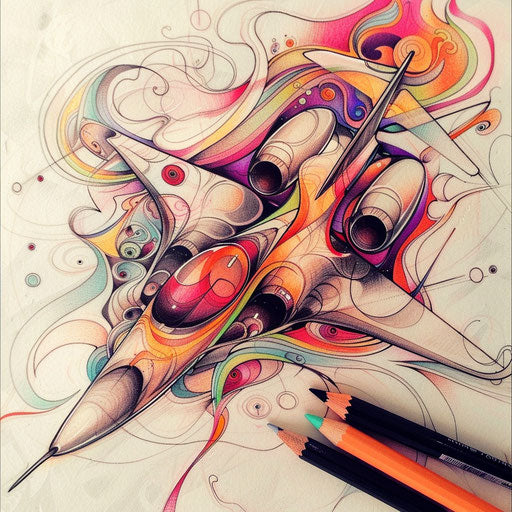 Psychedelic tattoo sketch of a supersonic jet with swirling colors