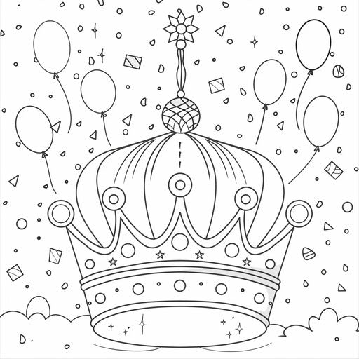 Fun crown with balloons and confetti, coloring book page