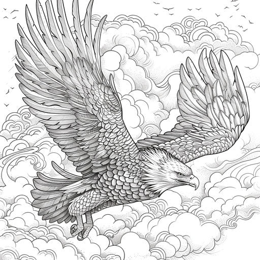 An eagle soaring through the clouds with detailed feather patterns. Coloring book page