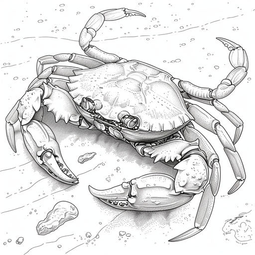 A detailed illustration of a crab with barnacles on its shell. Coloring book page