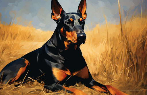Dog sitting in field, light orange and dark black style
