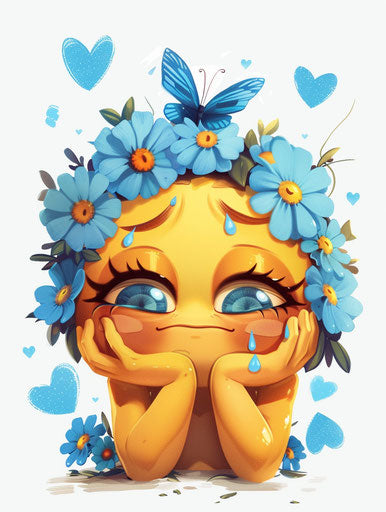 Joy and tears with blue flowers in cartoon style