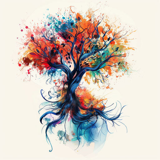 Abstract tree of life tattoo illustration, surreal shapes and vibrant colors
