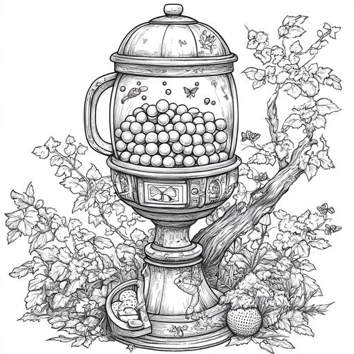 Whimsical gumball machine with fairy tale elements in the style of Teagan White coloring book page