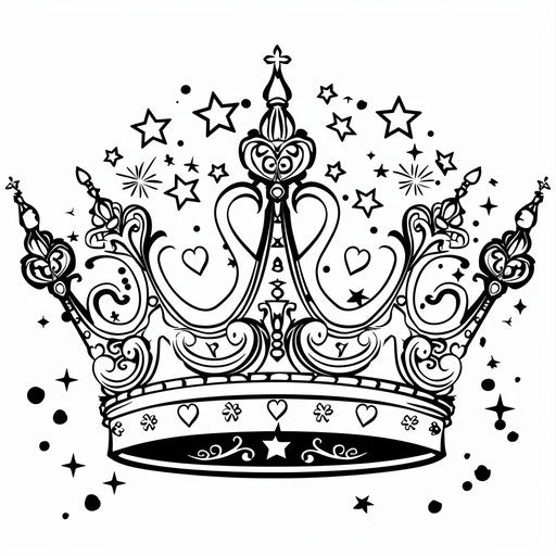 Princess crown with stars and hearts, perfect for young children. Coloring book page