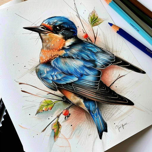 Realistic drawing of a swallow tattoo with lifelike colors and textures, showcased on a white surface.
