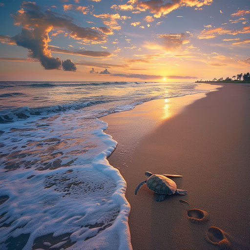 Serene morning on tropical beach with sea turtle