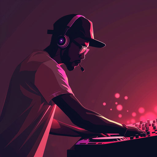 Deep maroon flat backdrop featuring DJ clipart in realistic style