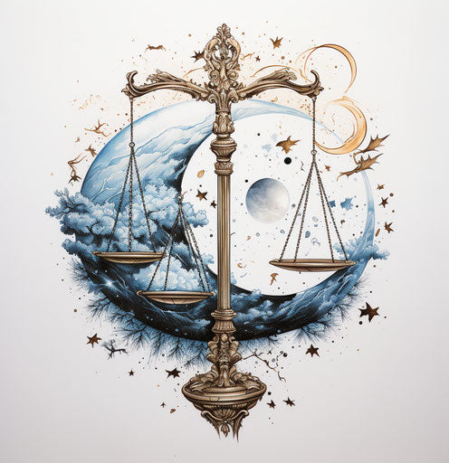 Tattoo design on a scale with stars and clouds