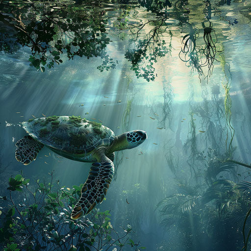 Green sea turtle exploring murky waters of a mangrove