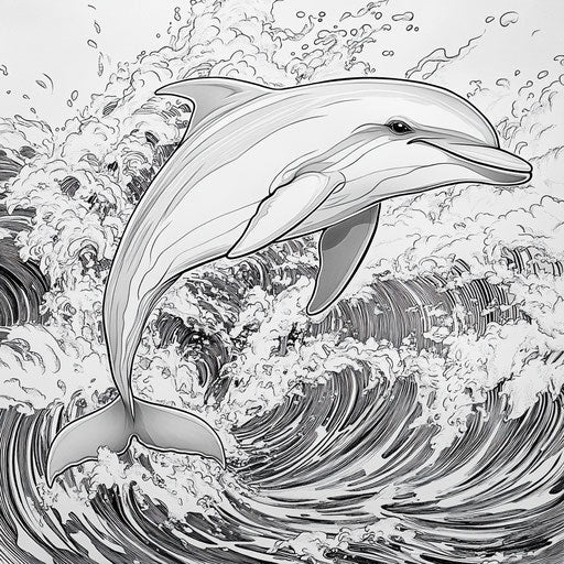 Dolphin leaping out of the water, in the style of Mindy Sommers, Coloring book page
