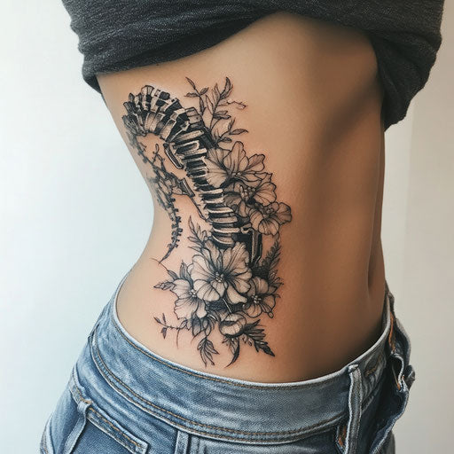 Rib tattoos for women with biomechanical and floral elements