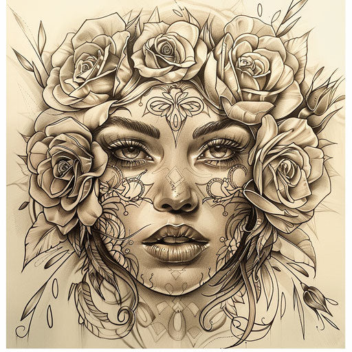Sketch of a tattoo of a Chicano art woman's face with roses, soft and intricate