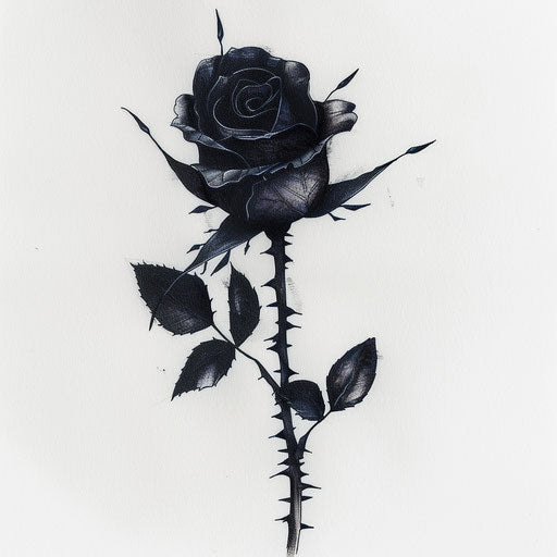 Gothic-inspired small black rose tattoo illustration, with thorns on white backdrop
