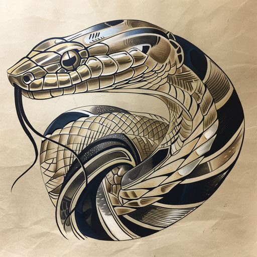 Dynamic cobra tattoo sketch with art deco style and metallic inks