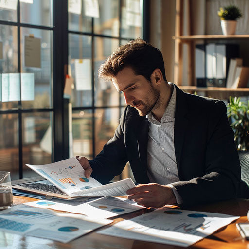 Businessman analyzing financial reports with graphs in a modern office