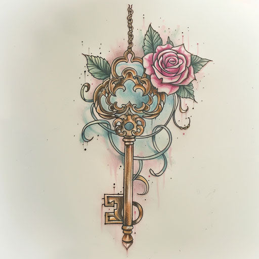 Romantic sketch of a key tattoo with a rose entwined